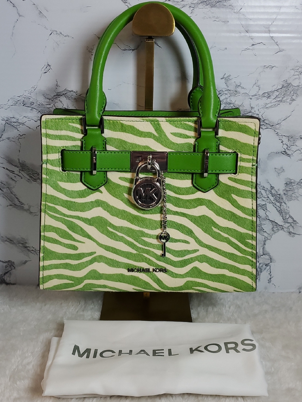 Michael Kors Small Hamilton Jungle Green Zebra Print Calf Hair Satchel NWT